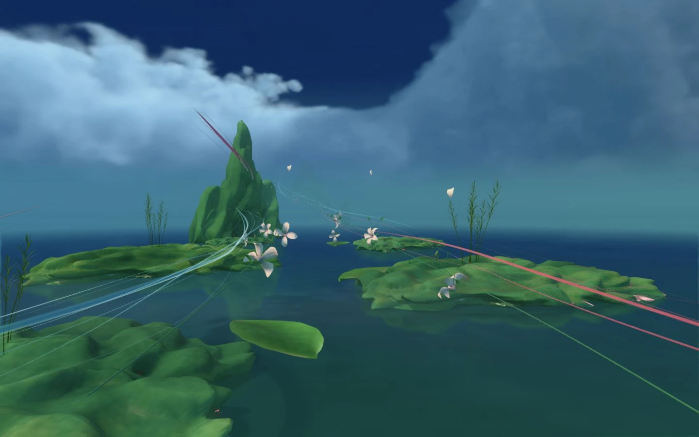 White flowering vines and wispy blue, jade, and pink currents sweep through mist above water